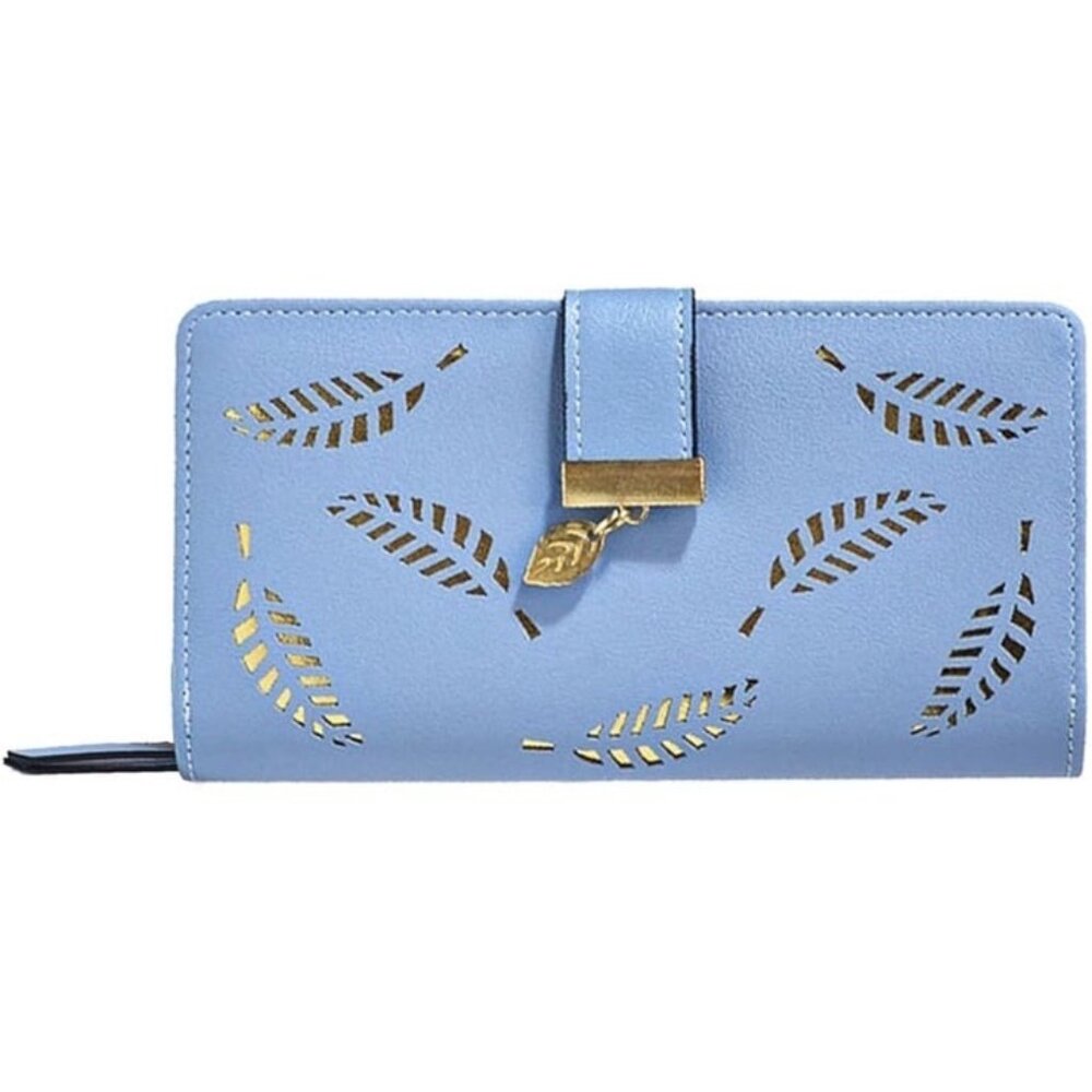 Blue Women’s Faux Leather Gold Leaf Long Clutch Wallet